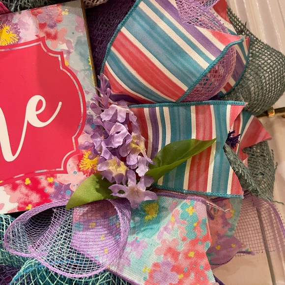 “Welcome” wreath - happy colorful 24” super full wreath! Very luxe ribbons! - Picture 2 of 8